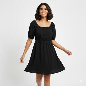 Madewell Seersucker Knit Puff Sleeve Mini Black Dress